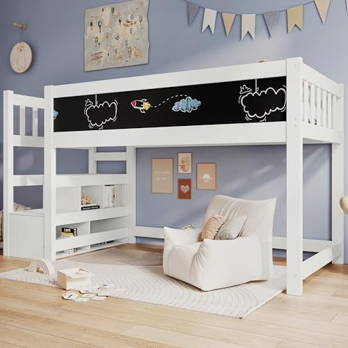 Zravenna Hochbett 90x200 mit Whiteboard&Tafel,Speicherung und Rausfallschutz, Multifunktionales Kinderbett aus Holz mit Treppe und Stauraum, Ohne Matratze, Weiß (Weiß-2)