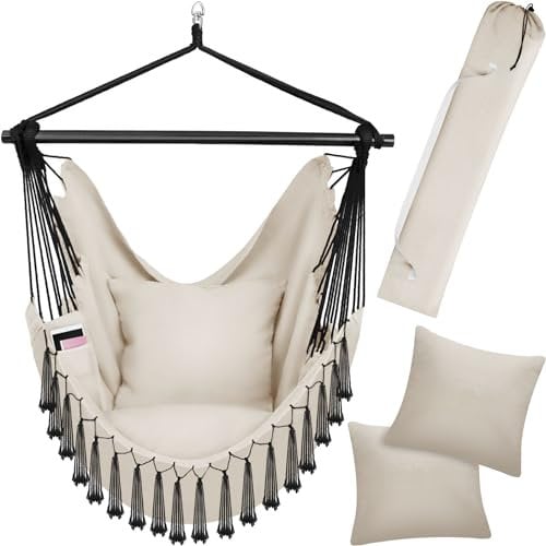 tectake® Silla Colgante Estilo Bohemio, Interior y Exterior, Cojines Extra Gruesos, con Compartimento y Posavasos, Carga 150kg, Incl. Bolsa Transporte, Columpio Jardín, Hamaca, Sillón Balancín - beige