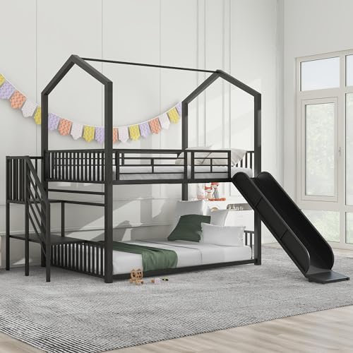 FEZTOY Hochbett 140 x 200 cm, Etagenbett mit Rutsche & Treppe, Metallbett mit 1 Lattenrost & Sicherheitsgittern, Kinderbett Jugendbett Stockbett Metallrahmen, ohne Matratze (schwarz, 140x200)