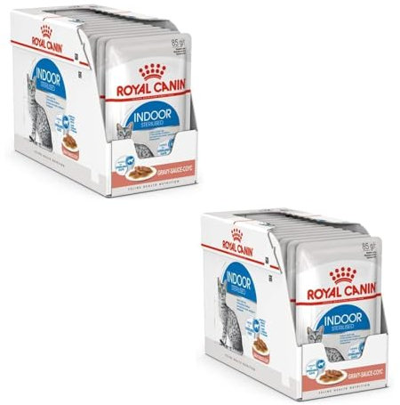 Royal Canin Indoor Sterilised in Soße | Doppelpack | 2 x 12 x 85 g | Alleinfuttermittel für ausgewachsene Katzen die im Haus Leben | Für sterilisierte Katzen | Häppchen in Soße