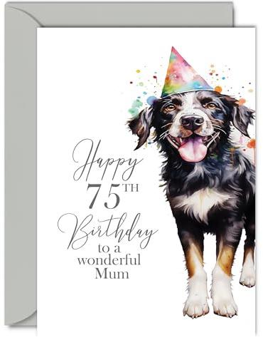 Geburtstagskarte zum 75. Geburtstag für Mama – Party-Hund – Happy Birthday Karte für 75 Jahre alte Mutter vom Sohn und Tochter, A5 Geburtstag Frauen Frau sie, Grußkarten, Geschenk für Mutter