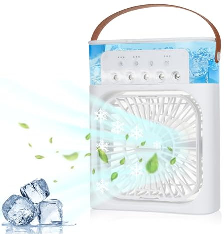 LogtBleem Aire acondicionado portátil, mini humidificador con luz nocturna RGB, ventilador de refrigeración de aire con temporizador de 1 a 3 horas, 3 velocidades de viento, 3 modos de pulverización,