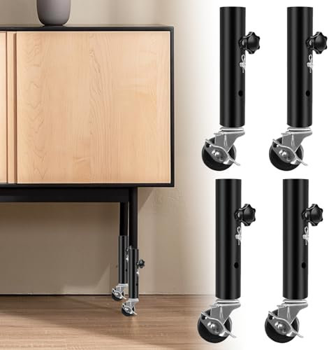 Yowmina Lot de 4 Rallonge de Pied de Table, Rehausseurs de Table Pliante avec 4 Loquets et 4 Goupilles de Verrouillage, Pieds de Meuble Reglable Acier Inoxydable avec Roues