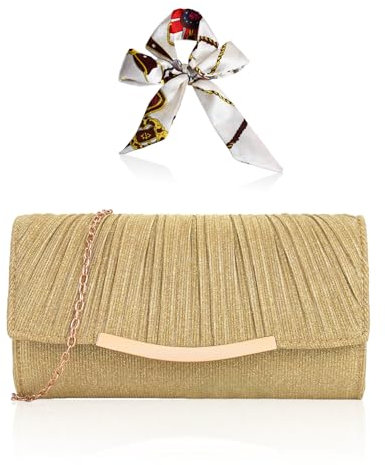 Sac Femme Plissé Doré avec Foulard en Soie - Pochette de Mariage et Soirée - Sequins