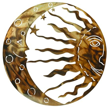 MrMrKura Metall-Sonnenkunst-Wanddekoration, 30 cm, große Metallsonne, Mond, Sterne, Wandbehang, Dekoration für den Innen- und Außenbereich, Haus, Garten, Terrasse, Bauernhaus (Bronze)