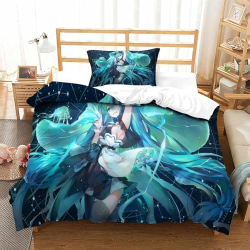 Hatsune Miku Bettbezug Set Bettwäsche-Sets Kinderbettwäsche Reißverschluss Mit Kissenbezug Betten Set Für Jungen Und Mädchen, Kinder Single(135x200cm)
