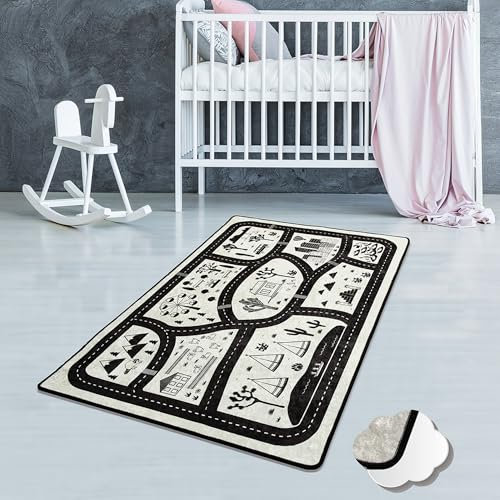 Bosdela Kinderteppich - und Babyteppiche – Vielfältige Designvariationen, waschbar, rutschfest, weich, ideal für Kinderzimmer & Spielzimmer 100x160 cm Schwarze Stadt