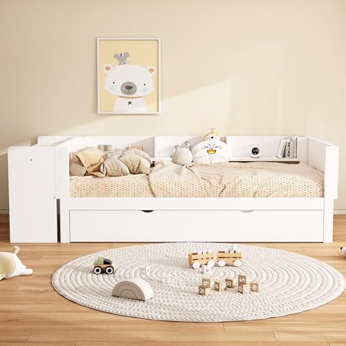 Kebnor 90 * 200cm, Flachbett, mit ausziehbarem Bett, mit Schreibtisch, DREI Regale an der Seite des Bettes (Weiß)