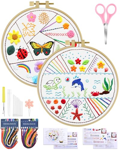 ERKOON Round Embroidery Kits for Beginners, Underwater World Cross Stitch Kit for Adults Embellishment Starter Kits with Patterns and Instructions,Stitchery Clothes,Bamboo Hoops, Threads and Needles