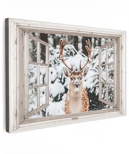 MuchoWow© Wandbilder Groß 120x80 cm XXL Wohnzimmer Wanddeko Schlafzimmer Zimmerdeko Wandgemälde Zimmer Deko auf Wand Dekoration Wall Art Fensterblick - Hirsch - Schnee - Winter - Wald - Tiere - Natur