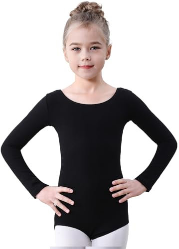 Soudittur Ballettanzug Mädchen Langarm, Kinder Ballett Trikot Baumwolle Ballett Body TanzBody Gymnastikanzug Turnanzug für Damen Größe 110-170 (Schwarz, 160)