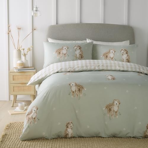 Fusion - Hattie The Cockapoo Duvet Cover - Double Bedding Size (200 x 200cm) - Reversible Designs (Gingham) - 2 Pillowcases - Green Bedding with Dogs - Checkered/Plaid Duvet Cover in Natural