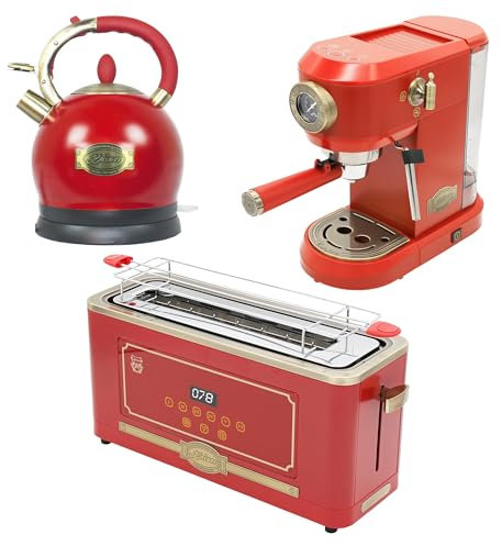 KAISER Tostapane T 4000 RotEm Retro Tostapane, 6 diversi livelli di tostapane per ottenere i migliori risultati + macchina espresso KA 2005 RotEm + WK 2000 Bollitore Rosso Retro