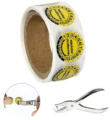 100 × Prüfplaketten 20MM,1 lochzange papier Rundloch 3MM,prüfplaketten nächster prüftermin Gelb, Selbstklebend 2025-2030, für DGUV V3 Prüfung beworben & Anlagenprüfung