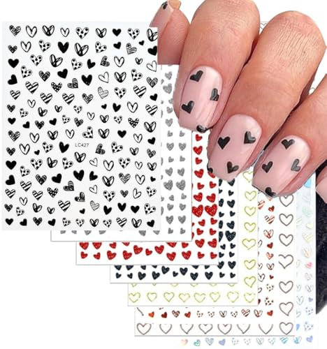 MOLZINY 8 Stück Herzförmig Nagelstickers Nail Art Sticker Nail Decals Dekoration Valentinstag Herz Selbstklebend Nagelaufkleber Nagelzubehör zum Valentinstag für Frauen Mädchen DIY Nageldesign