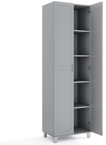 TANGZON 187cm Tall Kitchen Cupboard, 2-Door Freestanding Pantry Cabinet with Adjustable Shelf & Anti-toppling Device, Wooden Storage Cabinet for Home Kitchen Dining Living Room (Grey)