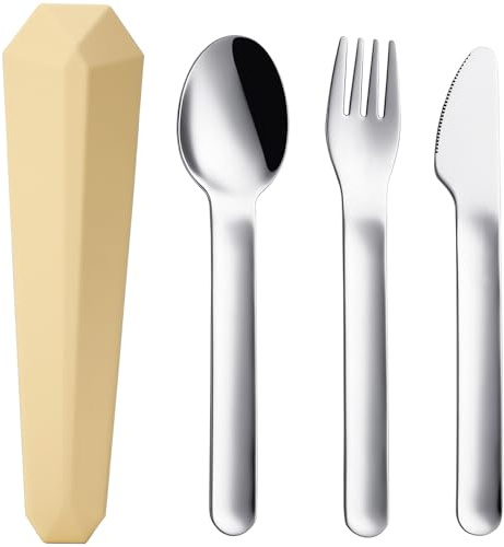 DEVICO Travel Cutlery Set with Case, Portable Picnic Camping Utensils Set for 1, Reusable 18/8 Stainless Steel Fork Spoon Knife for Lunch School Workplace, Dishwasher Safe (Yellow)