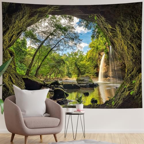 Hoisy Nature Wall Tapestry Green Extra Large Wall Tapestry Bedroom Decor Cave Landscape 350X256 cm