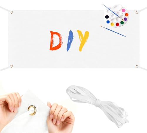 Großes Leeres Banner 300x50cm Banner Weiß Polyester Blanko Fahnen Blanko mit 6m Hängendem Seil Lackierbar Weiß Leinwand für DIY Partyfeiern, Jugendweihe, Geburtstagsbanner