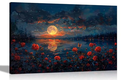 Artley Prints - Red Rose Garden Ocean Full Moon Canvas Wall Art Pictures Home Conservatory Nature Prints Ready to Hang Decoration 76 x 50cm (30 x 20 inches)