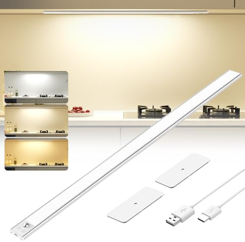 OUILA Schrankbeleuchtung LED 60CM Unterbauleuchte Küche Led mit Bewegungsmelder 3 Farbmodi Dimmbar Lampen Ohne Bohren USB-C Wiederaufladbar Nachtlicht für Kleiderschrank Treppe Küche Schlafzimmer