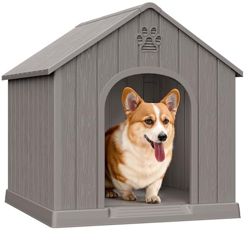 Bifanuo Outdoor Indoor Dog House for Small & Medium Dogs - Weatherproof Shelter with Elevated Floor, Hidden Vents & Tool-Free Assembly (Classic Grey, 26 L x 23.6 W x 25.8 H)