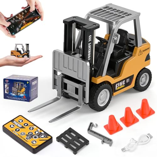 LTFIOON Mini RC Carrello Elevatore Giocattolo in Metallo, 1:64 Carrello Elevatore Telecomandato con App e Telecomando 2,4 GHz, Forche, Gancio e Pallet, Veicolo da Cantiere RC con Luci e Suoni