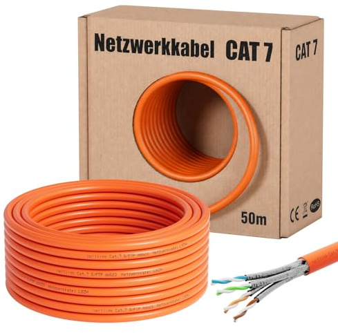 iwillink CAT7 Netzwerkkabel 50m S/FTP - Leicht zu Verarbeiten AWG23 | LSZH BauPVO Eca - 10 Gbit/s, 600 MHz - Leicht Abisolieren - PoE/PoE+ Kompatibilität - Doppelte Abschirmung - Orange Simplex
