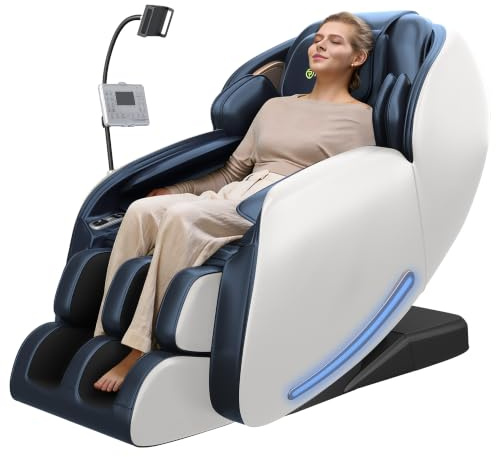 Real Relax 2026 Massagesessel Ganzkörper, Zero Gravity SL-Track Shiatsu-Massage-Liegesessel mit Telefon-Controller und Halterung, Kindersicherung, Pause-Taste und LED-Beleuchtung, Favor-06, Blau-Weiß