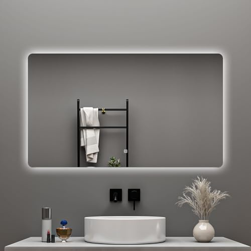 Aica Sanitär Badspiegel 120×70cm 3 Lichtfarben dimmbar Memory Touch Wandschalter Beschlagfrei Badezimmerspiegel mit LED Beleuchtung Kalt/Neutral/Warmweiß Wandspiegel Lichtspiegel IP44