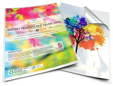 Evergreen Goods 20 Blatt A4 Wasserdichtes Glänzendes Silber Vinyl Fotopapier | Selbstklebende Etiketten Inkjet Und Laser Bedruckbares Aufkleberpapier | Metallisch Perlglänzendes Druckpapier