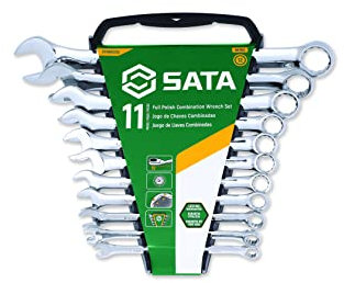 SATA ST09022SJ Juego de llaves combinadas métricas de 11 piezas, pulido, con extremos de caja desplazados, 10 mm - 32 mm, con rollo de herramientas duradero