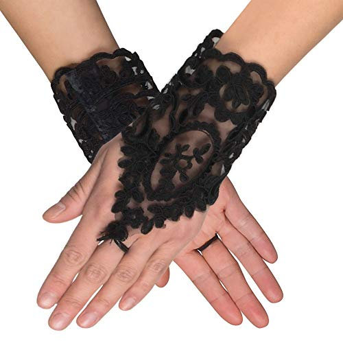 shoperama Schwarze Hand-Stulpen aus Spitze mit Fingerschlaufe Gothic fingerlose Handschuhe Vampirin Evil Queen
