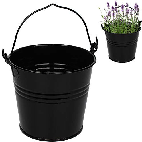 Kleiner - Metall Eimer/Blumentopf - schwarz - 15 cm hoch - 2 Liter - rostfrei - Blech Eimer/Metalleimer - rund - mit 3-D Effekt Rillen Prägung - mit Henke..