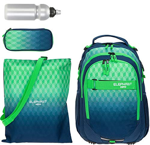 Elephant 4 Teile Set Rucksack Hero Signature Schulrucksack + Mäppchen + Beutel + Flasche rbmf (Cube Green Blue)