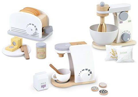 Leomark Juego de Madera - 3 en 1 - Gris Licuadora de Madera, Cafetera con Las cápsulas, Tostadora, con Accesorios, para cocinas de Juguete, para niños, Multicolor