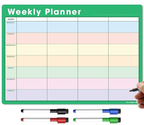 TMS A3 Magnetischer Wochenplaner und Organizer - Personalisiertes Whiteboard für Familien- oder Geschäftsaufgaben und Essensplanung - mit 4 magnetischen Trockenlöschstiften (Grün - Mehrfarbig, A3)