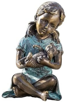 IDYL Bronze-Skulptur Mädchen mit Teddybär | 14x9x10 cm | Kinderfigur aus Bronze handgefertigt | Gartenskulptur oder Wohnbereich-Dekoration | Hochwertiges Kunsthandwerk | Wetterfest