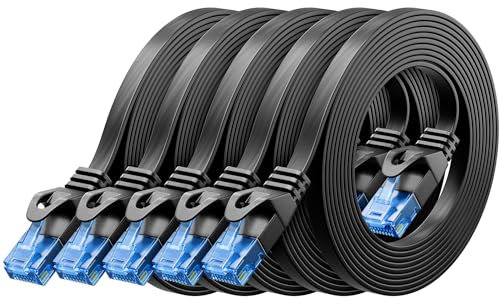 deleyCON 5x 2m CAT6 Plano Cable de Red 1000 Mbit Gigabit LAN - Cat 6 RJ45 Ethernet Cable de Conexión Delgado Cable de Instalación Plano - para Internet Conmutador Router Módem - Negro