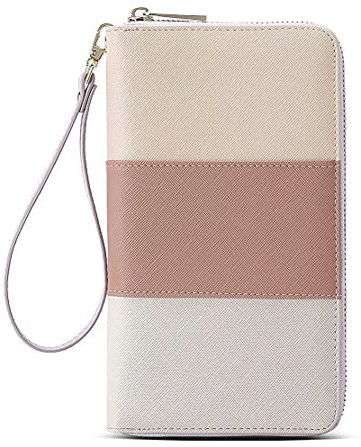 Geldbörse Damen Leder Gross Frauen Clutch Portemonnaie Groß Geldbeutel Lang Portmonee mit 15 Kartenfächer Rosa Farbabstimmung