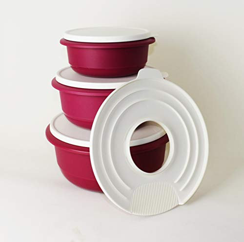 TUPPERWARE Peng Schüssel 3,5L + 2,0L + 1,0L + Spritzschutzdeckel in Brombeere Weiß Rührschüssel, Servierschüssel + Teetasse