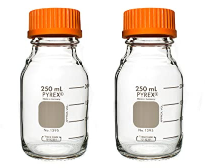 Pyrex,Round Media Storage Bottle with GL45 Screw Cap - Borosilicate Glass Bottles with Caps - Premium Scientific Glassware for Labs, Classrooms or Home Use - PYREX Glass Container, 250mL, 2/Pk