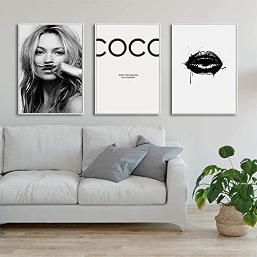 Abstrakte Moderne Mode Mädchen Wand Bilder Leinwand Bild Schwarz Weiß Coco Lip Salon Poster Kunstdruck Bild Leinwand Wand Bilder für Wohnzimmer Wohnkultur Rahmenlos 40×50cm×3 Stück