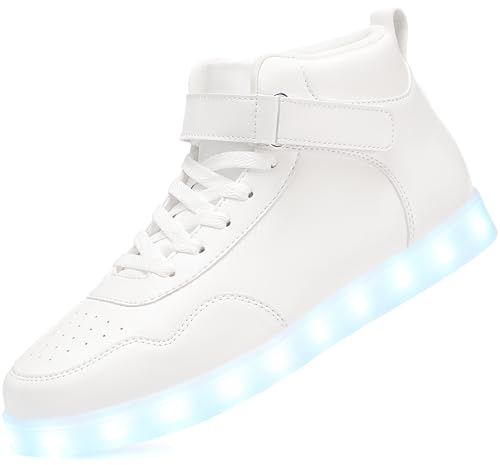 APTESOL 11 Modos LED Zapatillas, Zapatillas Altas con iluminación para Hombres y Mujeres, Zapatos con Luces Intermitentes Recargables por USB [Blanco,39]