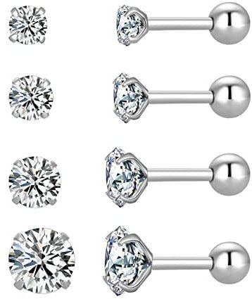 Lot de 4 paires de boucles d'oreilles à tige rondes en acier inoxydable chirurgical plaqué or 18 carats avec oxyde de zirconium 3–6 mm, Acier inoxydable, Zircone cubique