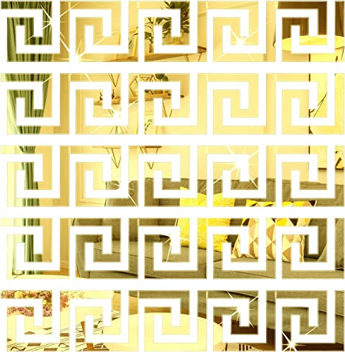 Lubise 64Pcs Gold DIY Mirror Stickers Removable Adhensive Wall Stickers Decals for Home Art Room Bedroom Background Decoration (Geometric Greek Key Pattern)…