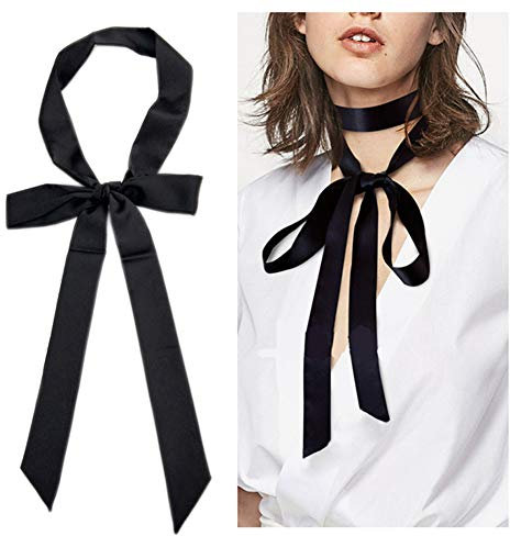 ericotry 1 x schwarzer Chiffon-Schal, lang, seidig, lang, schmal, Halstuch, Krawatte, Schal, Taillengürtel für Damen und Mädchen, Schwarz