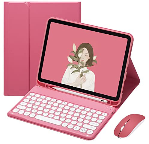 QYiiD Coque Clavier avec Souris pour iPad 9.7 - Compatible 6ème/5ème Génération 2018/2017, Air 2/1, Pro 9.7 - Rétro Round Keycap AZERTY Français avec Stylet-Fente - Crabe Rouge