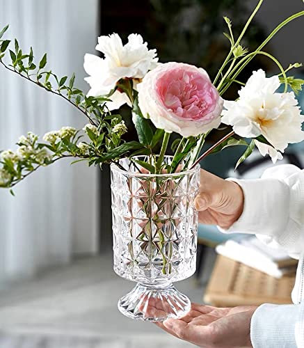 BLOFLO Geprägte Glasvase, 17,8 cm, Kristallglasvasen für Blumen, Standfuß, großer Sockel, für Blumensträuße, Hydrokultur, für Zuhause, Büro, Hochzeit, Esstisch, Party