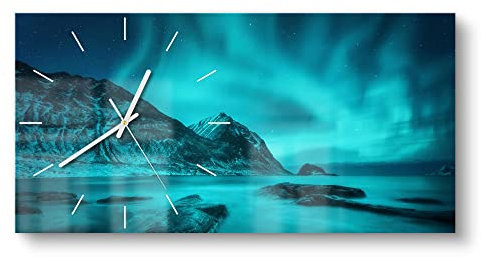 DEQORI Glasuhr | vertikal 60x30 cm | Motiv Polarlichter in Norwegen | große XXL Design Uhr aus Glas | leise Wanduhr für Wohnzimmer & Küche | Moderne Hingucker Uhr für die Wand